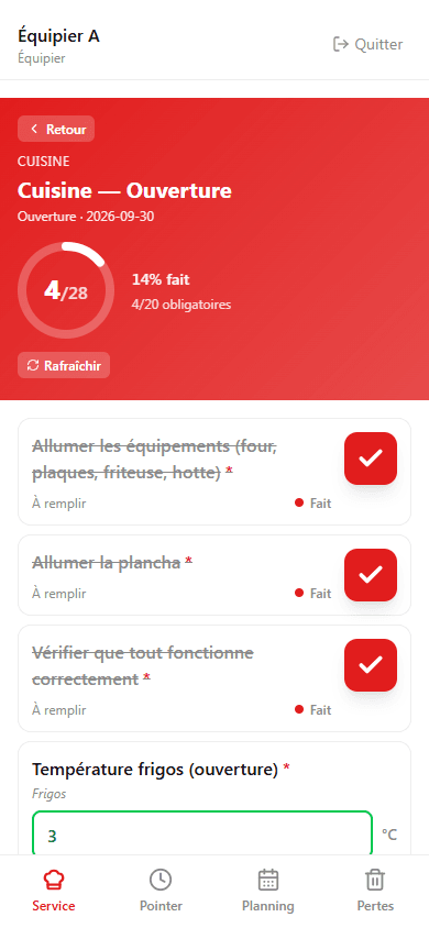 La checklist d'ouverture d'un poste dans l'app Yumo, sur téléphone.