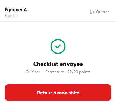 L'écran qui confirme l'envoi de la checklist.