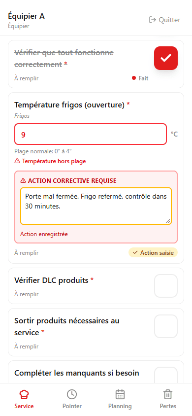 Un relevé de température hors plage, avec l'action corrective demandée par l'app.