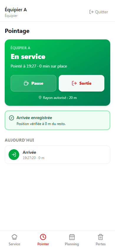 L'écran de pointage de l'app Yumo, sur téléphone.